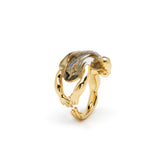 Sculpted Frog Ring in 18K Gold with rock crystal and abalone front view