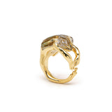 Sculpted Frog Ring in 18K Gold with rock crystal and abalone side view