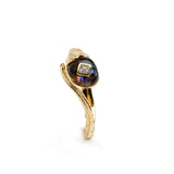 Tadpole Ring 18K Gold made with Abalone, Diamonds and rock crystal top view