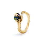 Tadpole Ring 18K Gold made with Abalone, Diamonds and rock crystal front view