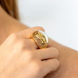 Terrarium Ring in 18K Gold with diamonds mother of pearl and rock crystal wear on
