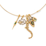 Wire Necklace in 18K Gold with alligator detail and charms flat lay
