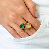 Frog Malachite Stackable Ring in 18K Gold made with Brown Diamonds, Rock Crystal and Malachite wear on