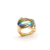 Sculpted Frog Ring in 18K Gold with rock crystal and abalone top view