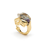 Sculpted Frog Ring in 18K Gold with rock crystal and abalone back view