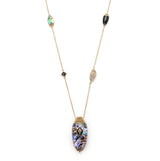 Scarab Abalone Necklace in 18K Gold made with White Diamond, Black Diamond, Single Cut Brown Diamond, White Quartz, Abalone and Ebony Wood detail view