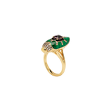 Scarab Ring in 18K gold with Malachite, Spinel and diamonds — front/side view