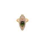 Scarab Ring in 18K gold with pink opal tourmaline, and diamonds — front view
