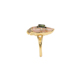 Scarab Ring in 18K gold with pink opal tourmaline, and diamonds — side view