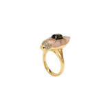 Scarab Ring in 18K gold with pink opal tourmaline, and diamonds — front/side view