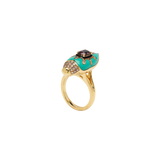 Scarab Ring in 18K gold with Turquoise, Spinel and diamonds — side/front view