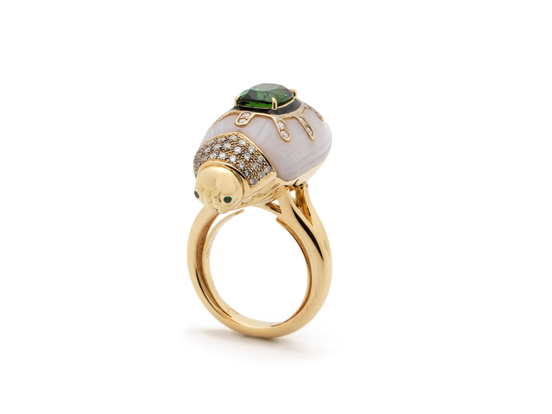 Scarab Pink Opal Ring with Green Tourmaline