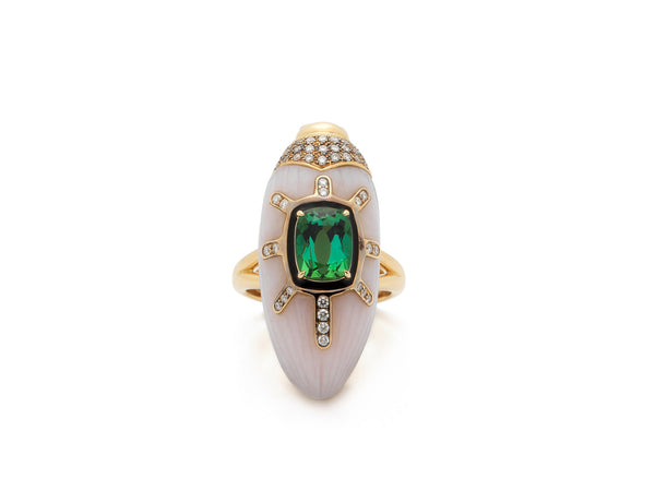 Scarab Pink Opal Ring with Green Tourmaline